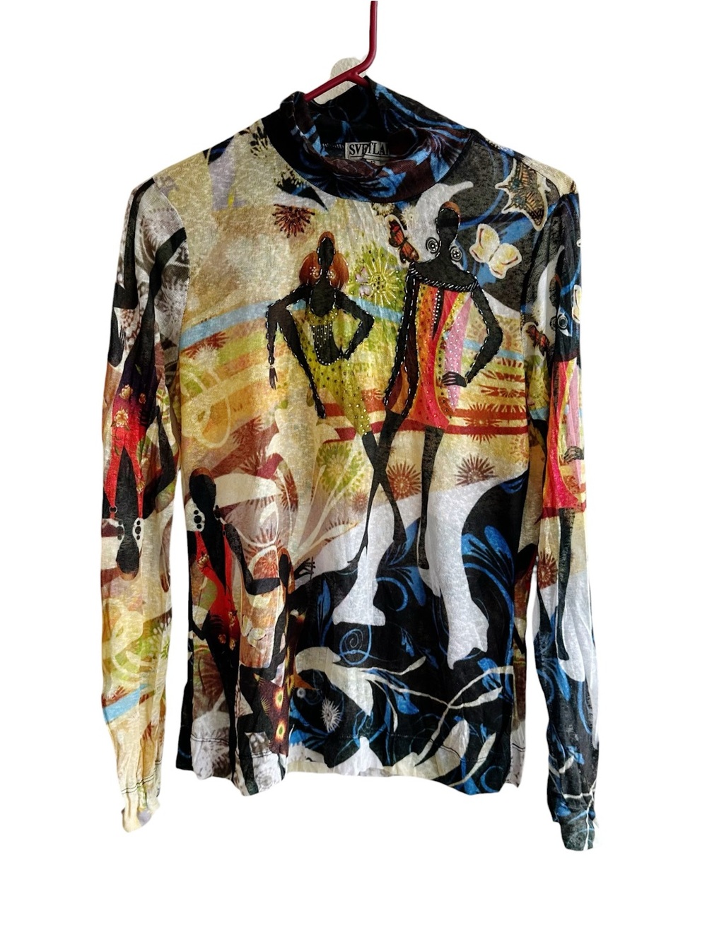 Svetlana Vintage 90s Abstract Art Nouveau Style Figure Print Beaded Long Sleeve